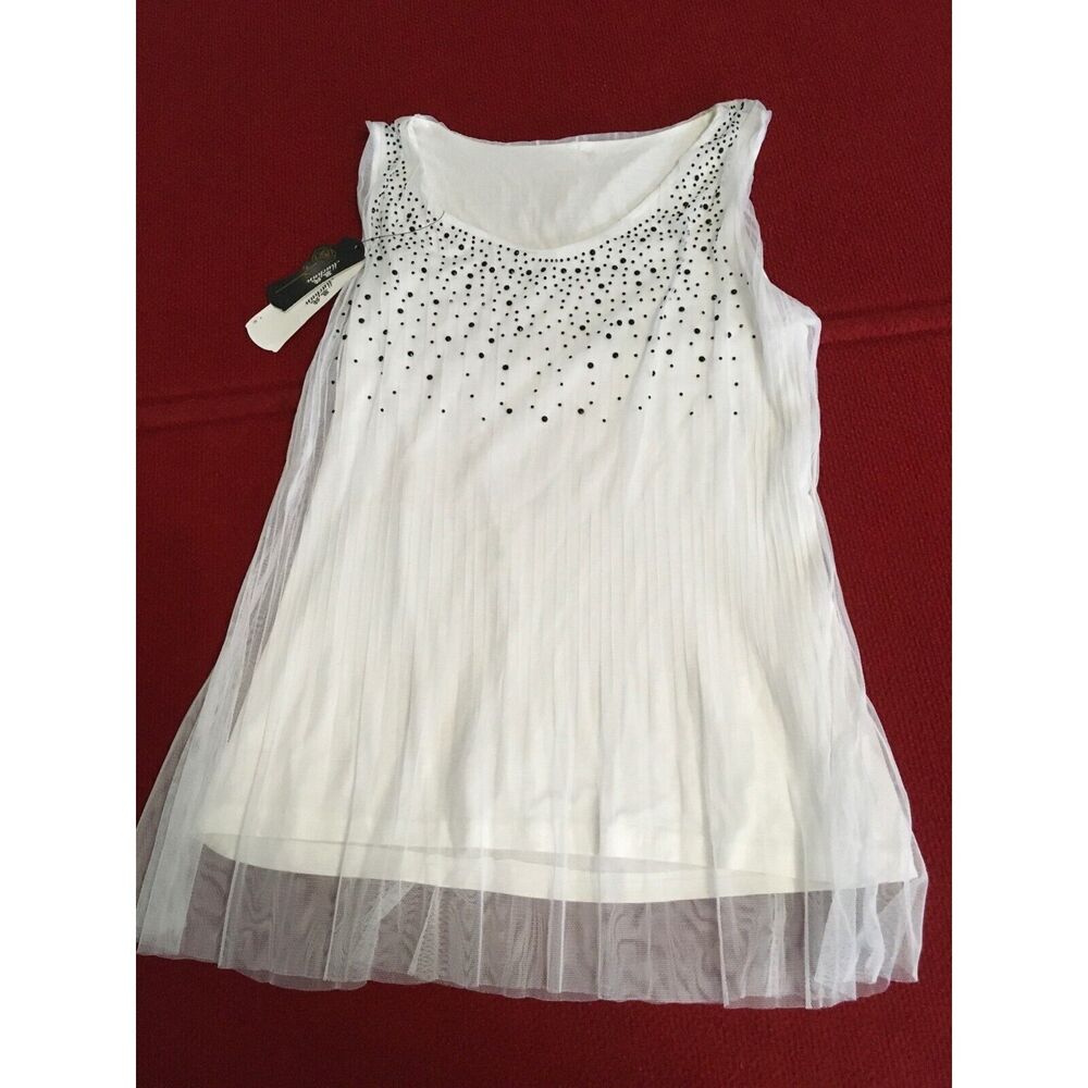 Madison Belle Women's Sleeveless White Top With Black Beads & Pleated Mesh